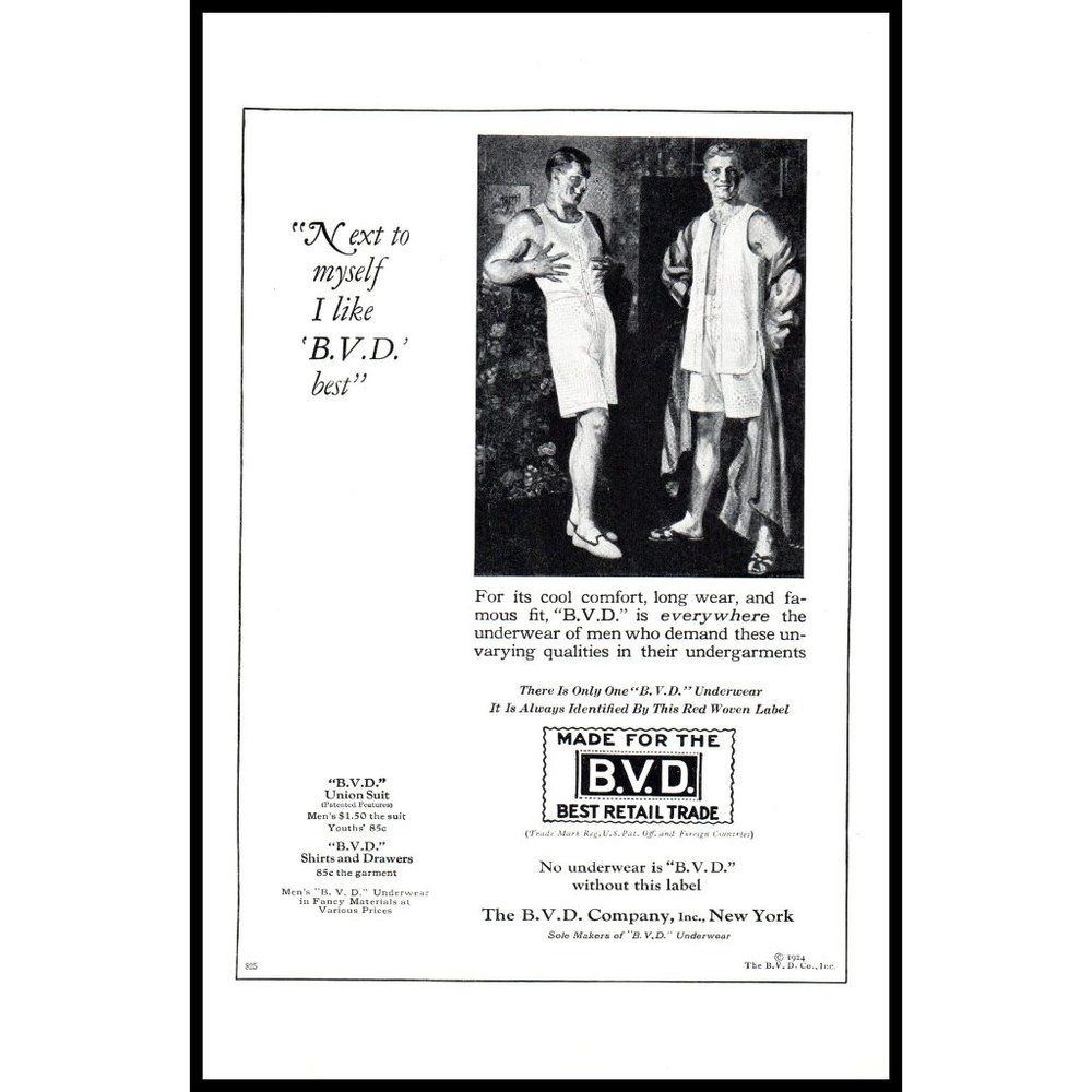 1924 BVD Underwear Vintage Print Ad Mens Dressing Room Wall Art Photo
